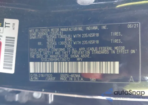 2021 Toyota Highlander L z USA, uszkodzony, nr VIN 5TDCZRBH9MS136012